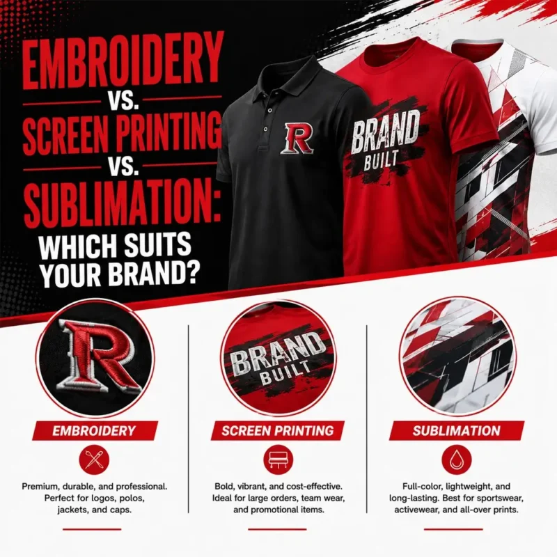 Embroidery vs. Screen Printing vs. Sublimation